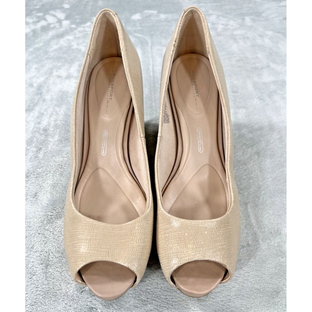 Rockport Womens 9M Beige Leather Peep Toe Wedge Pump Shoes Snake Embossed